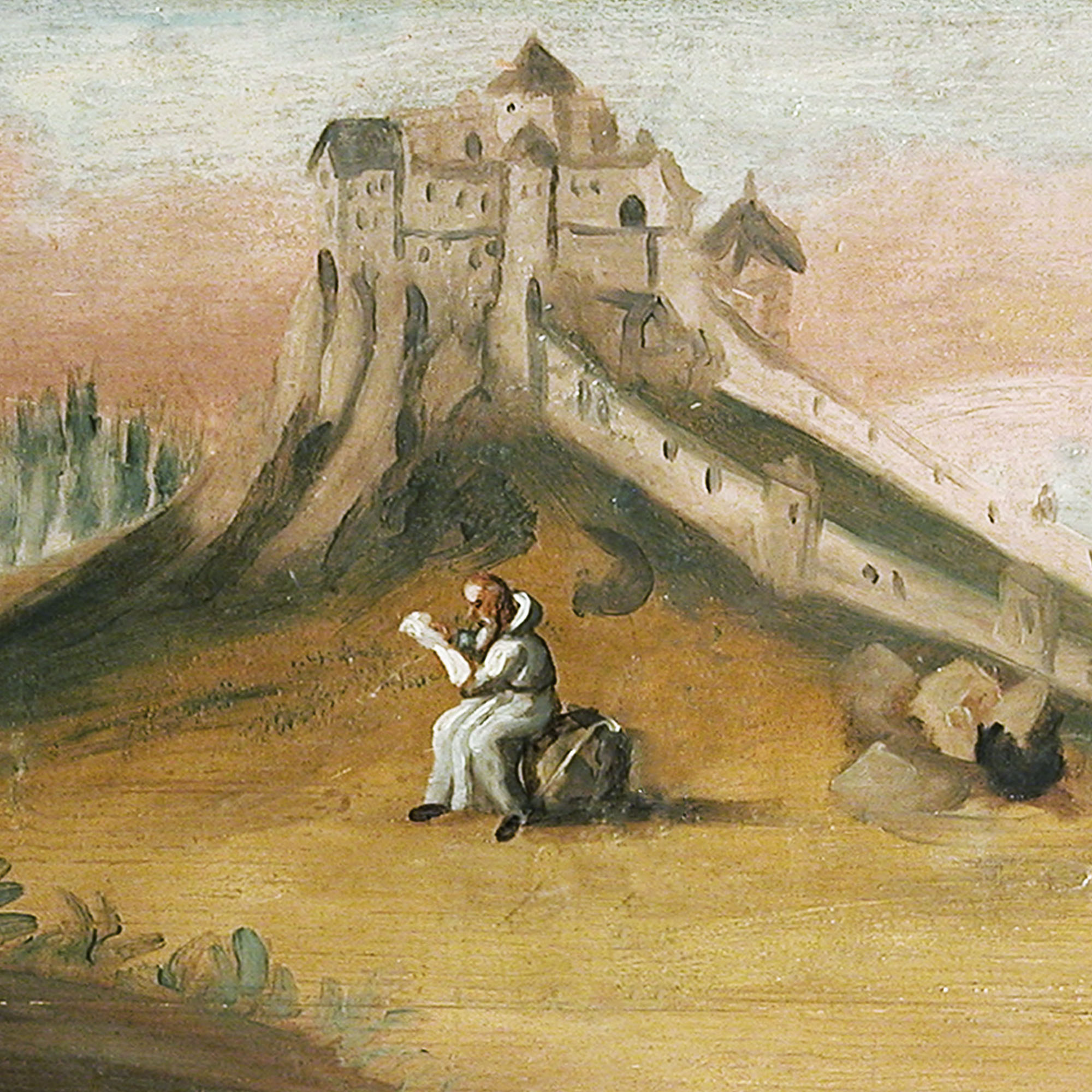 1 stredovek Vyobrazenie Spišského hradu z 18. storočia na lavici z kostola v Červenom kláštore. V pozadí Spišská kapitula. (edt.)